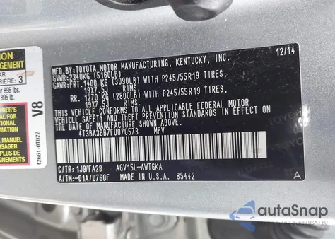 2015 Toyota Venza Le из США, поврежденный, VIN 4T3BA3BB7FU070573